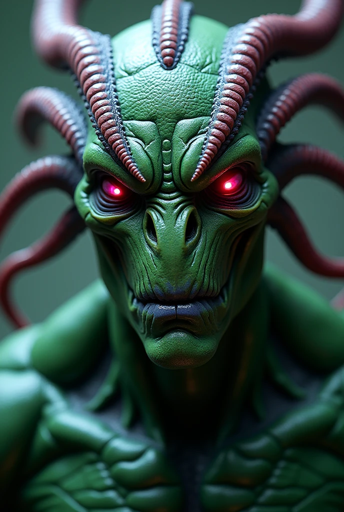 create a mutant with glowing eyes, Green and purple color, Scaly skin, high, muscular, hair with tentacles, make it look human, large, full-bodied nose, what a nerdy view