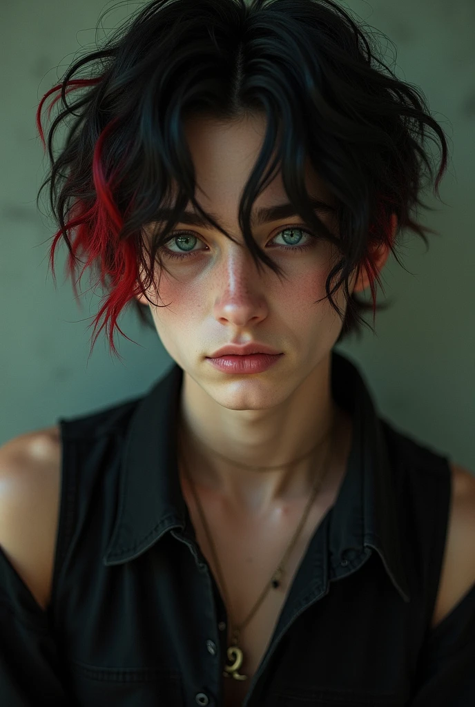 naughty man, ar old,ive innocent, Caucasian skin, black hair but red at the ends, greeneyes, black clothes but the shoulders are open.