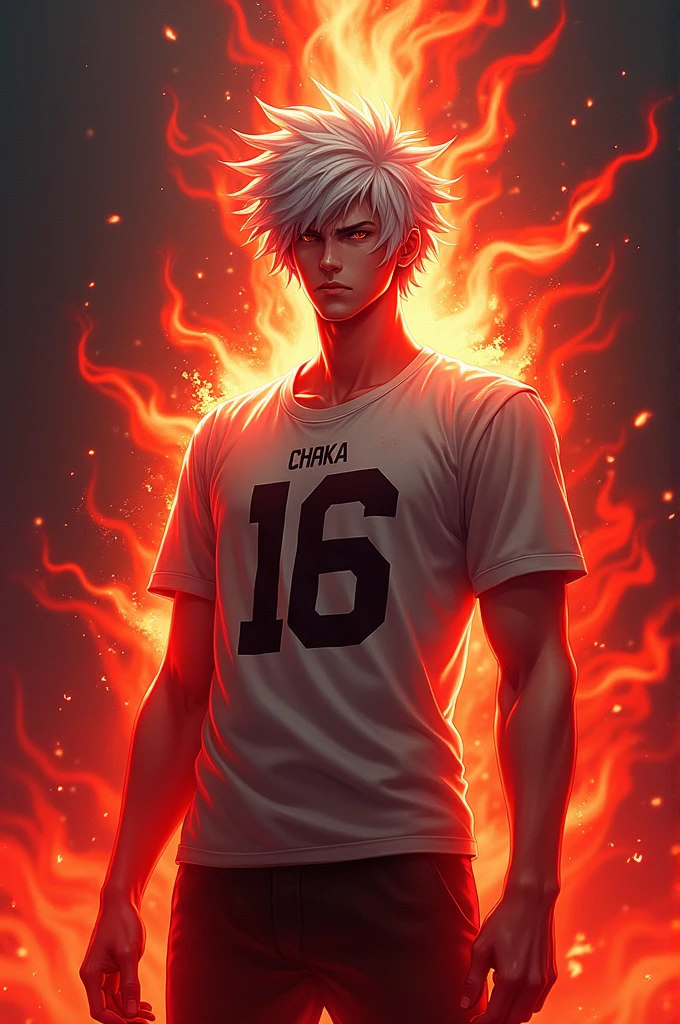 White anime man with a red fire aura and a shirt with the number 16 and name Chaka 