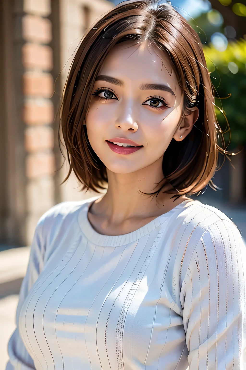 ((masterpiece)), ((Highest quality)), ((Complex)), ((Surreal)), (Realistic), (Mature Woman), ((There are no classes)), Very detailed, (1 female), Beautiful and exquisite, (Beautiful Teeth), Grin, Brunette bob hair, Brown eyes, ((Random color summer sweater)), (Upper Body), (background:none), Perfect Eyes, Captivating eyes, Looking at the audience