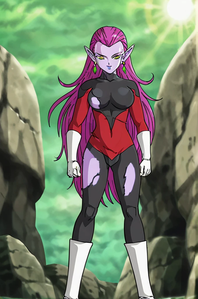 source_anime, score_9, score_8_up, score_7_up, anime screencap,
cocottedbs, high quality, 
purple skin, purple hair, yellow eyes, very long hair, earrings, breasts, 
sunlight, green sky, dark clouds, outdoors
torn bodysuit, white gloves, white boots, from from below, looking at viewer, smile, 
hands on her breasts showing her bra, breaking her tornbodysuit,
