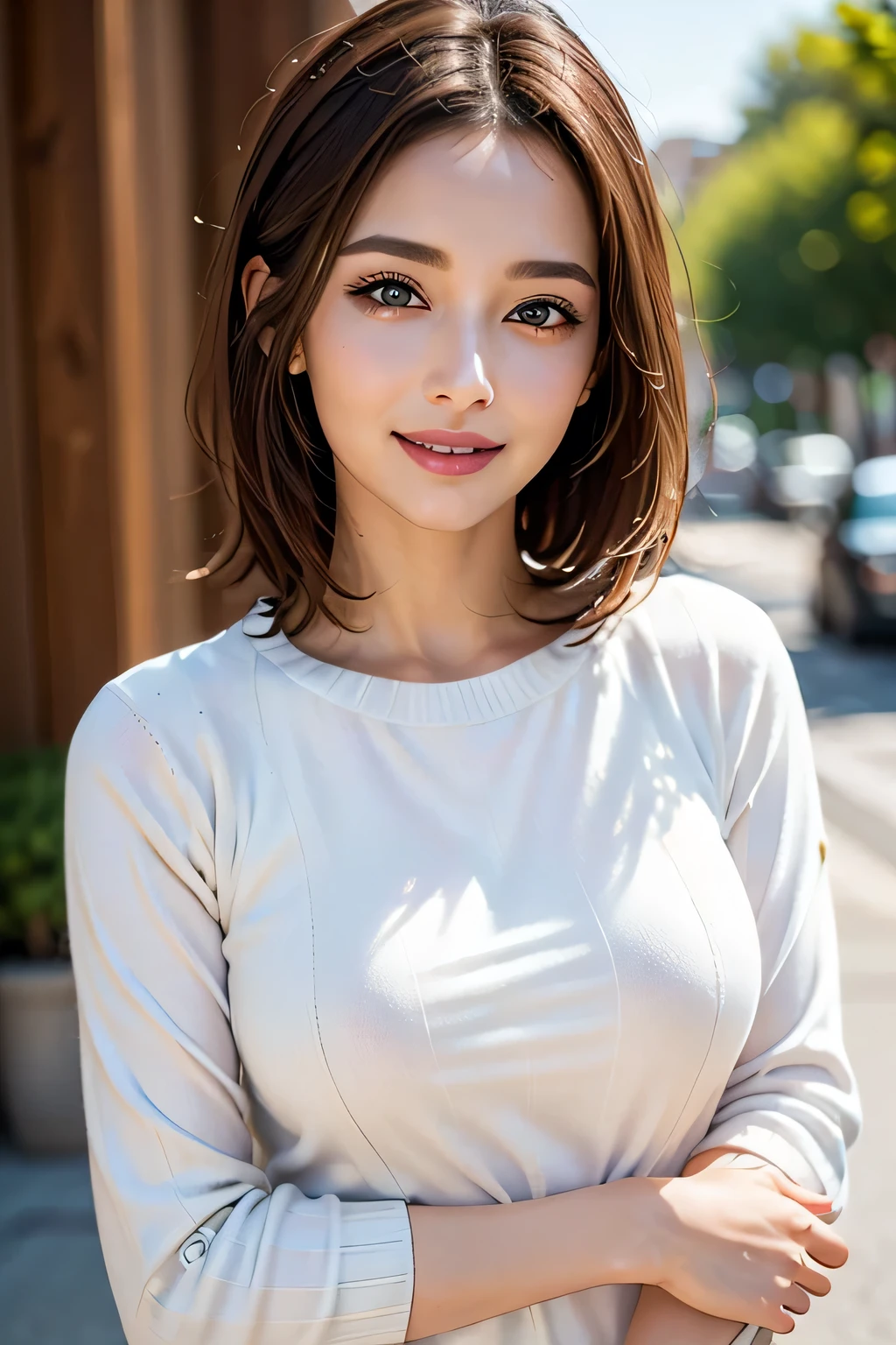 ((masterpiece)), ((Highest quality)), ((Complex)), ((Surreal)), (Realistic), (Mature Woman), ((There are no classes)), Very detailed, (1 female), Beautiful and exquisite, (Beautiful Teeth), Grin, Brunette bob hair, Brown eyes, ((Random color summer sweater)), (Upper Body), (background:none), Perfect Eyes, Captivating eyes, Looking at the audience