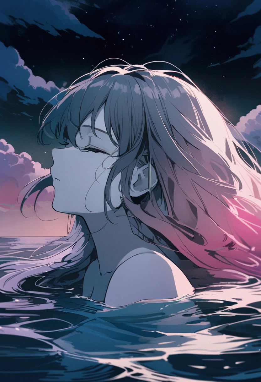 A serene and surreal scene., women&#39;The face in profile emerging from the water, gray skin, close your eyes, sleep, vapor, dream atmosphere