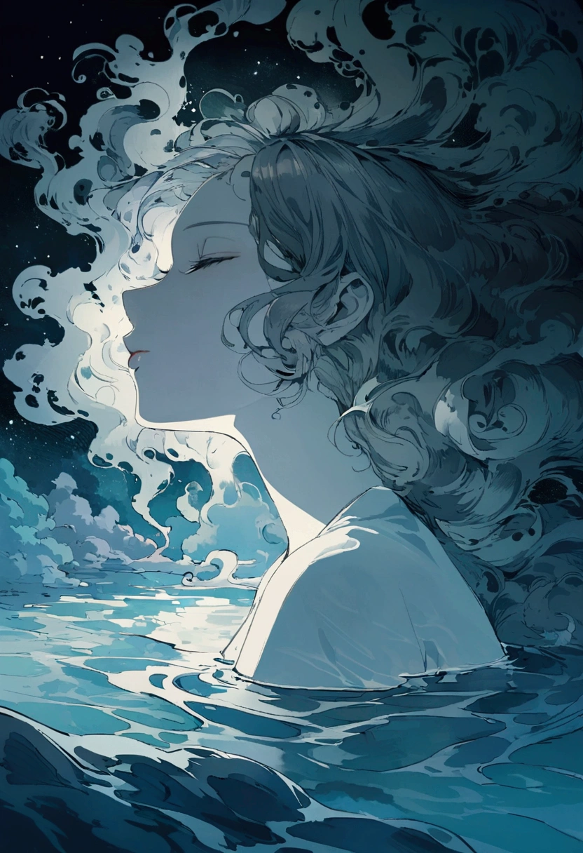 A serene and surreal scene., women'The face in profile emerging from the water, gray skin, close your eyes, sleep, vapor, dream atmosphere