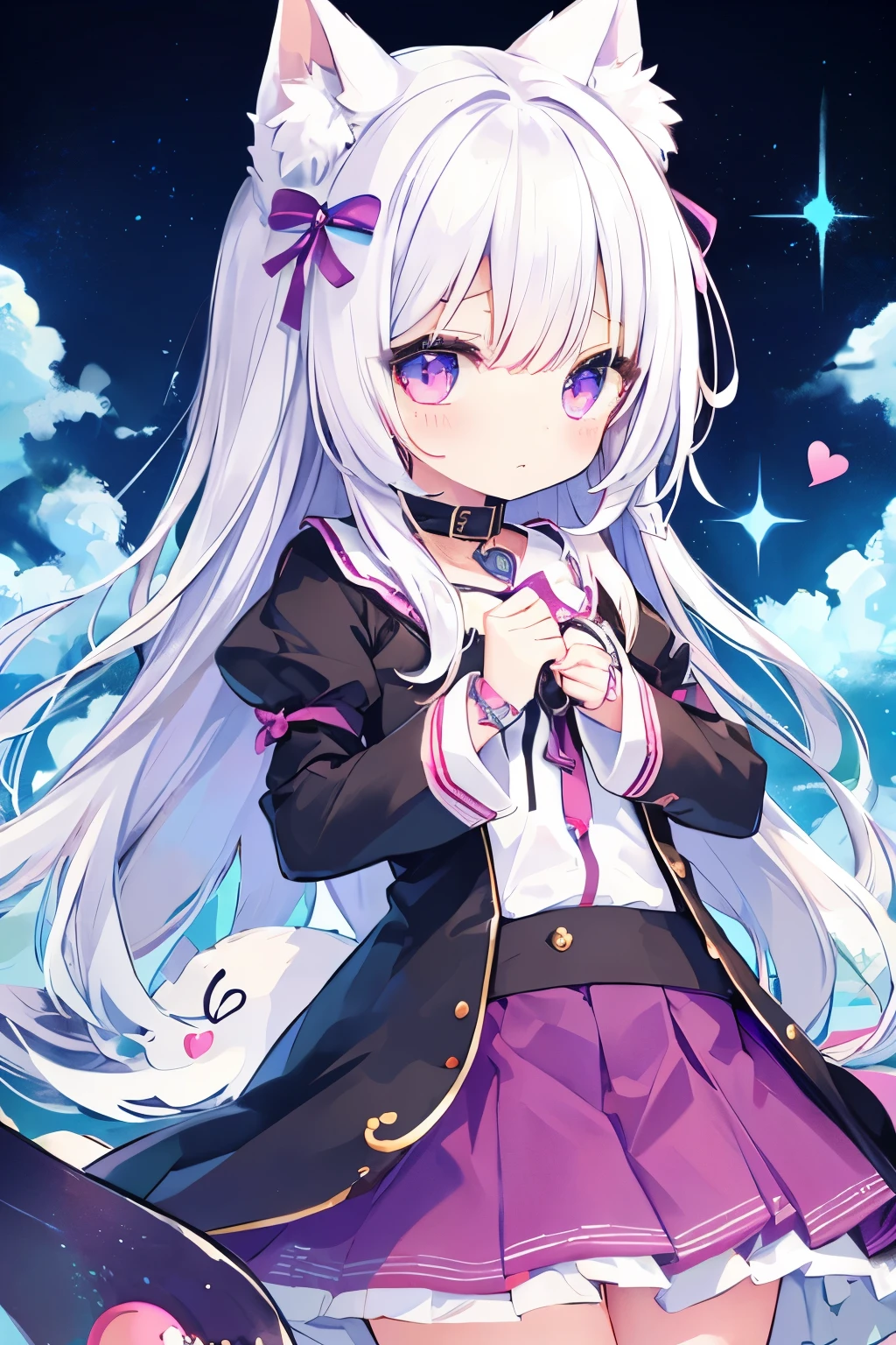 7-year-old girl、Gathered skirt、Putting on a collar、Elementary school girl、7-year-old girl,Pink shortcuts,Very beautiful and Shining Eyes、Shining Eyes、1 girl、Large Breasts、Cat ear、(((((Small body)))))、heart❤、((Sweat、vapor)）