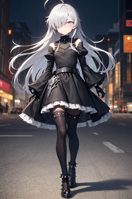 ((best quality)), ((masterpiece)), (detailed), 1 girl, full body, 18 years old, depressed face, pretty face, mask, silver eyes, blushing, silver hair, long hair, spiky hair, ahoge, bangs, strand of hair covering her right eye, full body, very tall, very small breasts, flat chest, thin body, gray hood, gray wristbands, long black gloves with spikes, gray dress, gray gothic ta dress, puffy sleeve, gray dress with metal spikes, blades on the steering wheel, metal emblem, somewhat tight, black belt, pale skin, black stockings, black shoes, walking in the city, looking at me, city background, anime