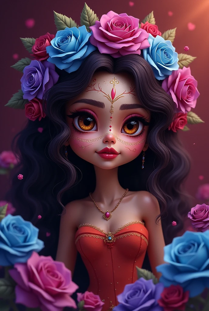 Brown-skinned doll with catrina makeup and a headband of roses with blue colors, purple and red with curly hair and brown eyes 2d drawing illustration. With a background of burgundy and blue purple roses