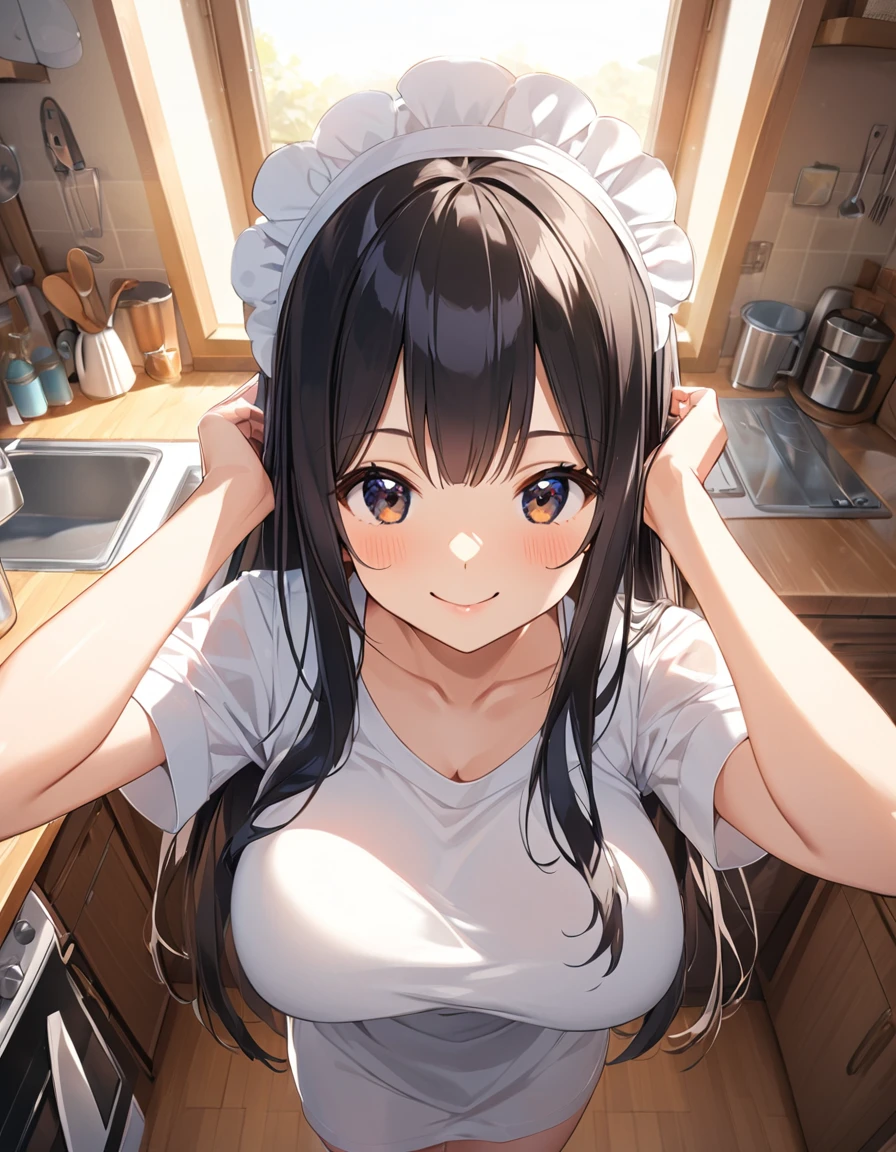 Girl,cute,cute,From above,Chest to head,smile,Straight Hair,Long Hair,Black Hair,sunny,big breast photos,Long T-shirt,looking at the camera,Maid clothes,My Room,kitchen,noon,Sun light,Are standing