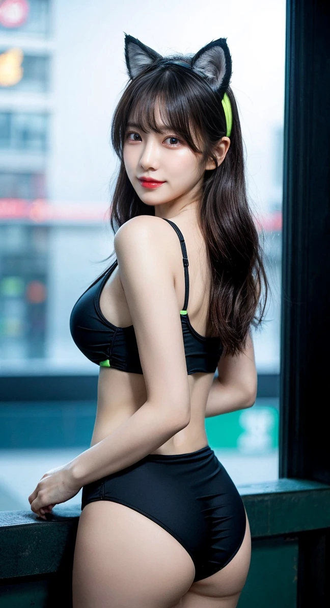 最high quality, masterpiece, 32K、Very detailed、Realistic、1 girl, Japanese women、Rotate your hips and strike a pose、A sloppy smile、Cute Face, (photo Actual:1.3),Bob Hairstyles、Black hair color、Green and black fox ears headband、Edge lighting, (Skin with attention to detail:1.2), 8k超High resolution, Single-lens reflex camera, high quality, High resolution, 4K, 8k, Optimal ratio of four fingers to one thumb, (Actual:1.3), cute 1 girl, Realistic、Super Realistic、32K、Very detailed、masterpiece, 最high quality, beautiful girl, beauty、Gorgeous girl, Big Breasts、Big Ass, Tight waist, Spread your legs, Plenty of facial detail, Futuristic competitive swimsuit、Sexy black and yellow green swimsuit、High-grade competitive swimsuit、Cyberpunk swimsuit、Lime green and black cat ear headband、Showing your belly button、Futuristic Cyber Goggles、Black futuristic mask、Monochrome Photo Studio、hologram, Neon lighting, Very detailedな, High resolution, masterpiece, high quality, High resolution,