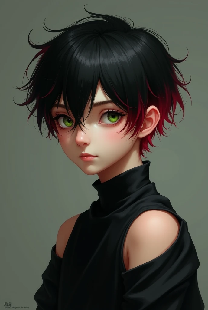 naughty man, 15year old, naive innocent, Caucasian skin, black hair but red at the ends, greeneyes, black clothes but the shoulders are open.