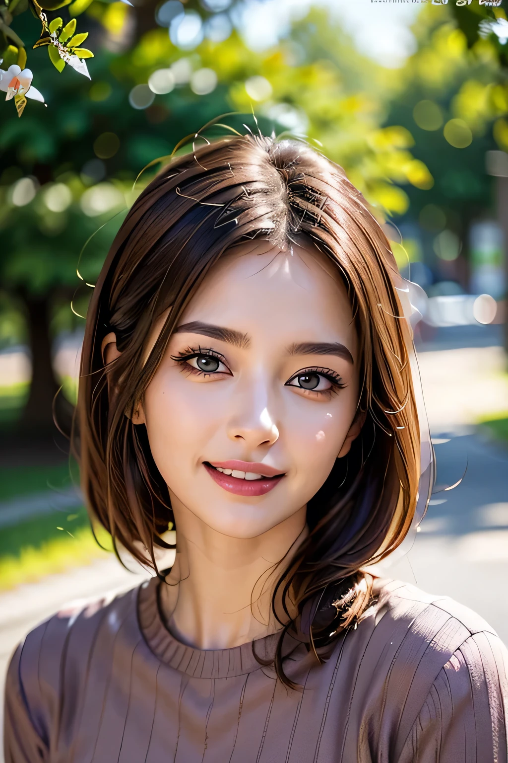 ((masterpiece)), ((Highest quality)), ((Complex)), ((Surreal)), (Realistic), (Mature Woman), ((There are no classes)), Very detailed, (1 female), Beautiful and exquisite, (Beautiful Teeth), Grin, Brunette bob hair, Brown eyes, ((Random color summer sweater)), (Upper Body), (background:none), Perfect Eyes, Captivating eyes, Looking at the audience