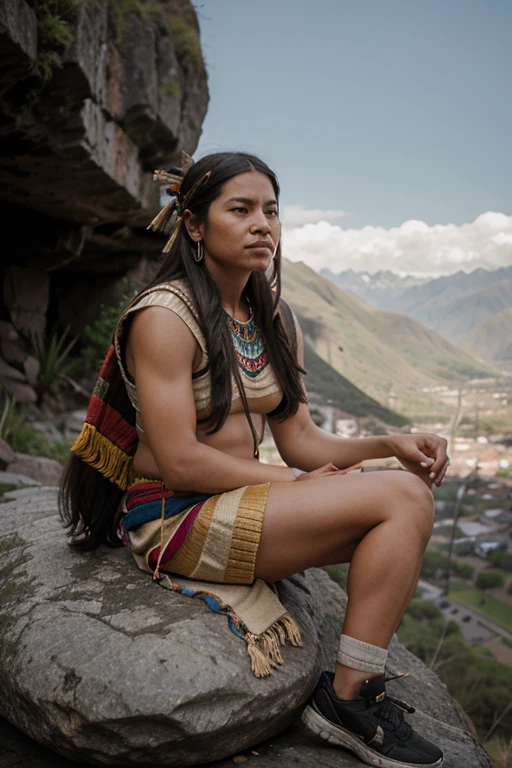 creates an image in which an Inca is sitting on a rock