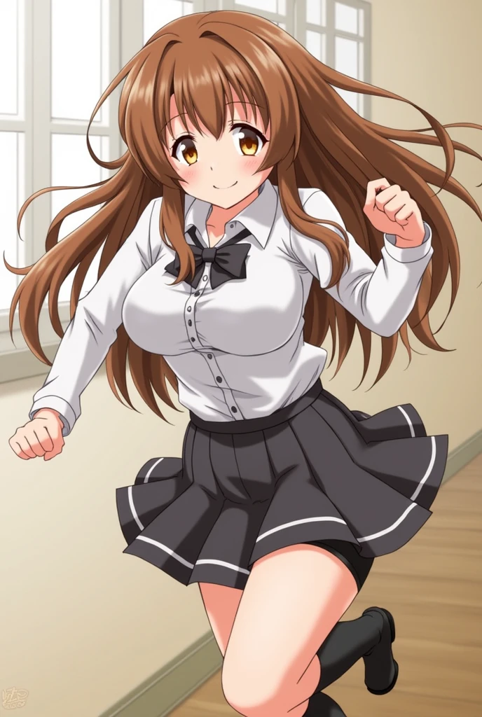score_9, score_8_up, score_7_up, source_anime, best quality, clear face, Nobara, brown hair, orange eyes, long hair, large breasts, perfect body, running, looking at viewer,smile, wearing sexy uniform clothes,short skirt,black stocklings, dynamic angle, indoor, body,view,big ass,big boobs,in motion,boobs jiggling ,under boob,undre boob visible,sexy under boob