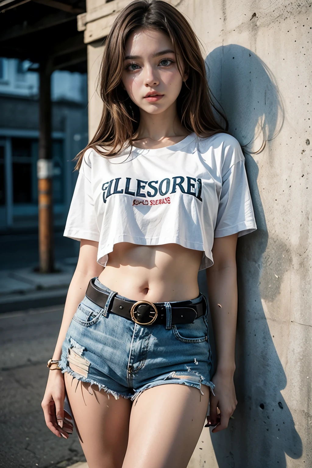 Beautiful 18 year old brunette girl wearing a t-shirt and high waisted denim shorts with a belt showing her belly button 