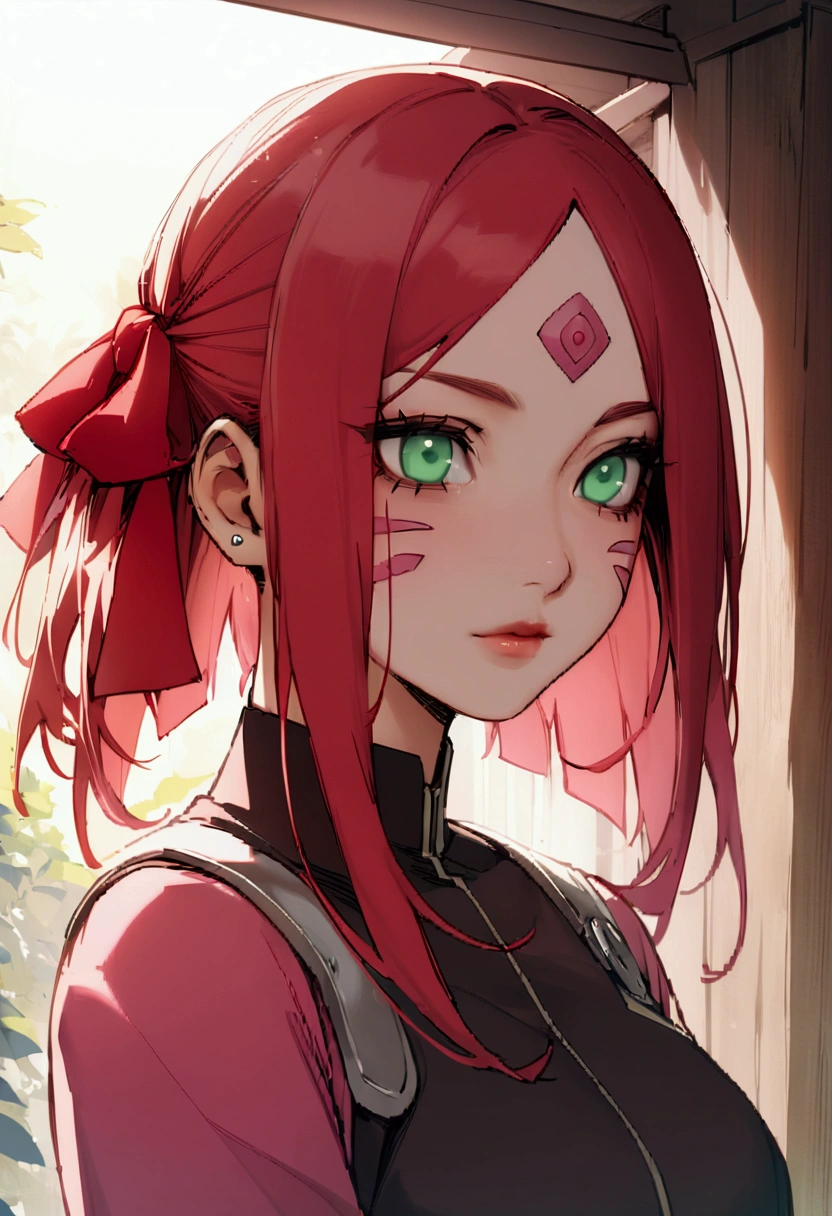 sakura4_write, boruto: Naruto next generations, naruto shippuuden , 1 girl, bangs, facial spot, green eyes, parted bangs, pinkies Hair, red hair ribbon, hea, shorth hair, alone, upper body ((masterpiece))