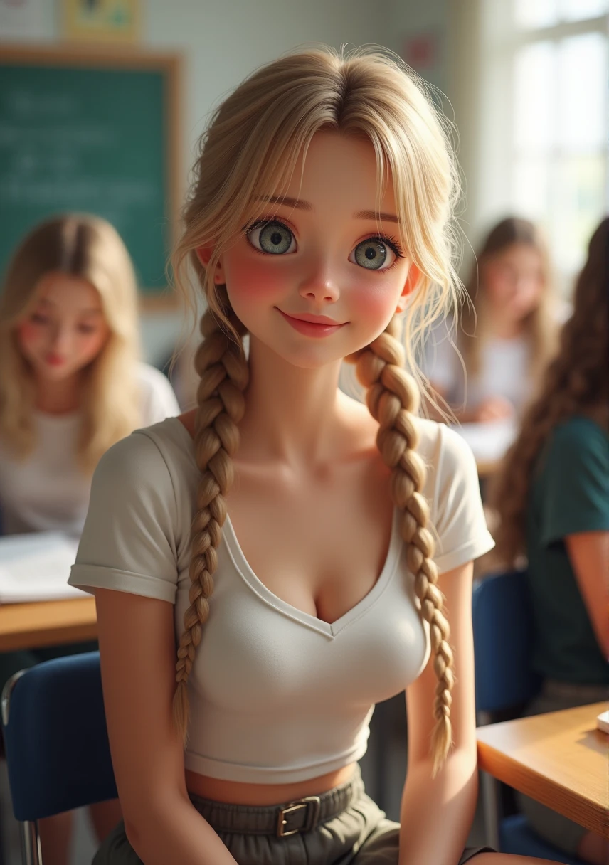 (Practical,photo-Practical:1.37),1 Girl,Beautiful young girl,16 years old,whole body,With a cute face and light eyes. Her long blond hair was tied into two cute little braids, Makes her look young and lively. She has natural beauty,Exudes a pure feeling. The focus of the image is the girl's facial expression, Capture her charm and charisma,White girl with twin ponytails,Sweet smile,(((Sitting in a university classroom)),Wear a sexy short skirt,Overlooking,Big breasts,Tight Fit