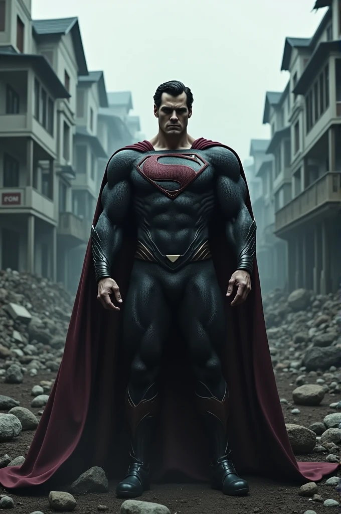 Dark superman on a background of destroyed houses