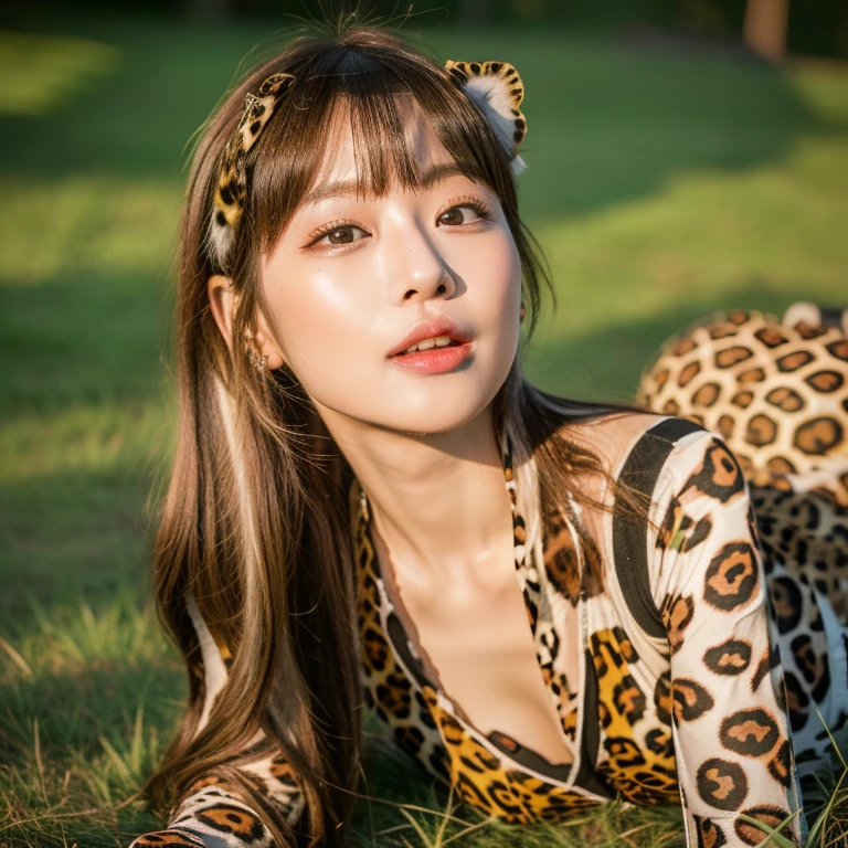 (masterpiece, ultra-detailed, ultra-realistic, best quality, clear focus, photorealistic), (ultra-high resolution, 8k, solo, 1 woman:1.3), (hip focus:1.4), perfect anatomy, perfect face, (detailed face, detailed eyes:1.3), (1 beautiful Japanese blonde girl), (very cute face:1.3), (she is seducing with her sexy body like a leopard:1.4), On the grassland with a magnificent view, professional light, smile, fangs, with a leopard, (sexy pose:1), peck lips, round lips, incoming kiss