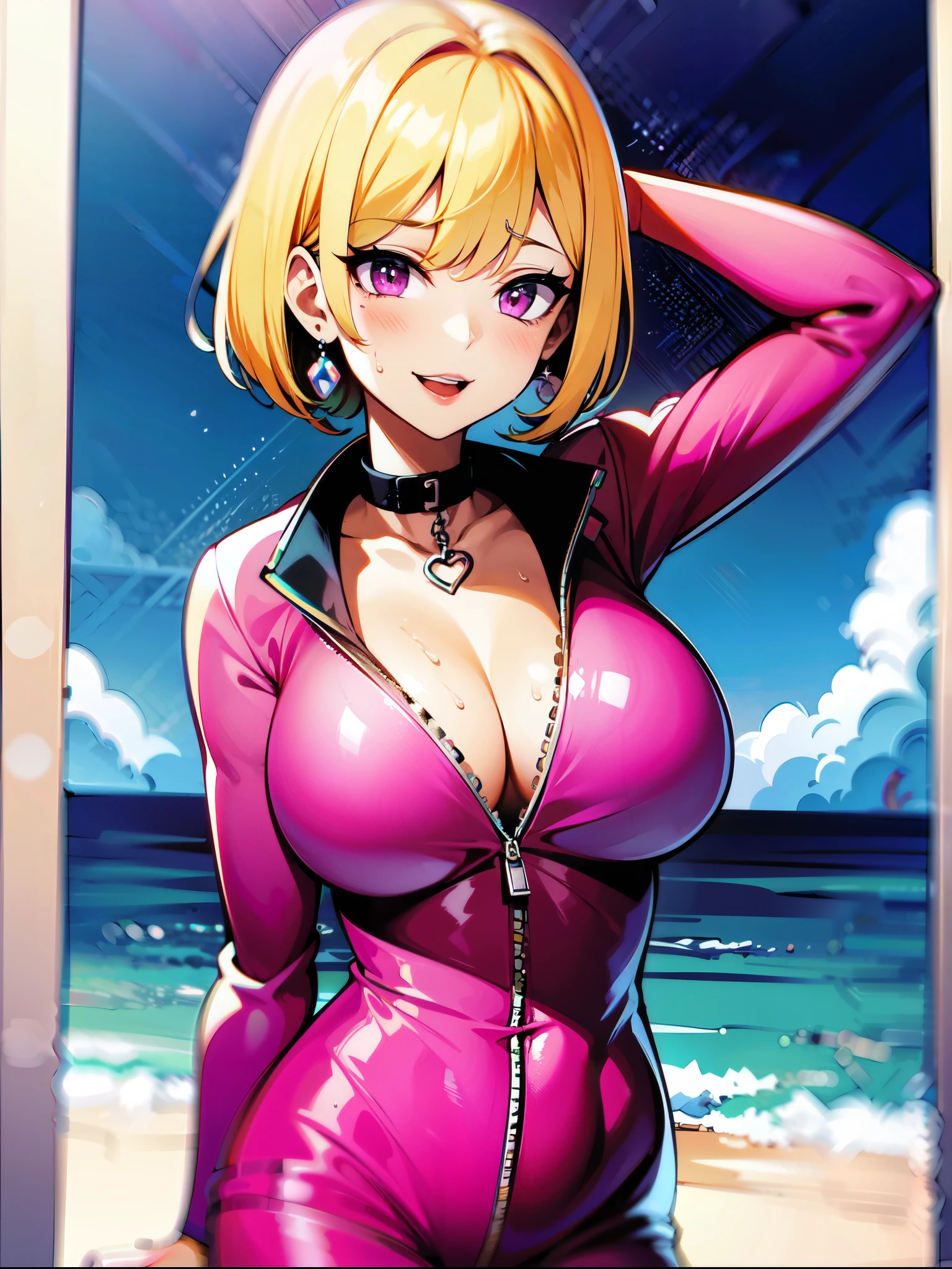 ((super high quality,Ultra-high resolution,4K,8k,super masterpiece,Ultra HD)),Sunny beach,One Girl,((Light pink glossy sweat suit,(big襟,Open collar,Tight collar),Zipper opening from under the chin to under the navel,Fine zipper),Cleavage,sexly,big),Blonde side tail,smile,Sweaty,Put your hands on your head,Pearl Earrings,Chain Necklace,