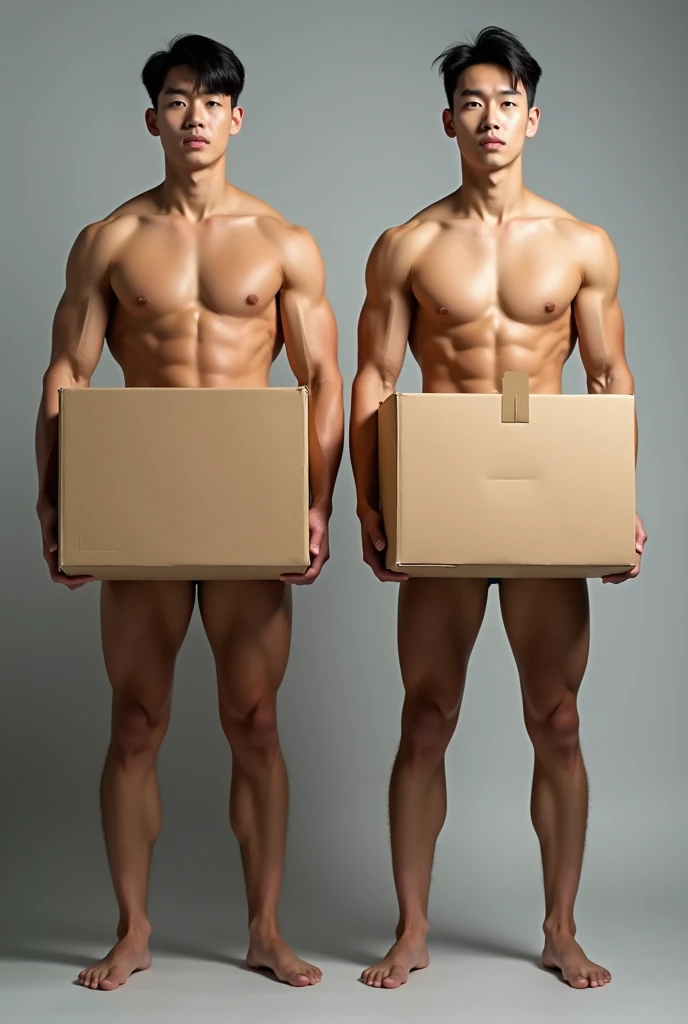 Two tall, muscular, attractive korean men, full body, completely naked and without clothes, each covering their naked crotch taking a cardboard box around their waists 