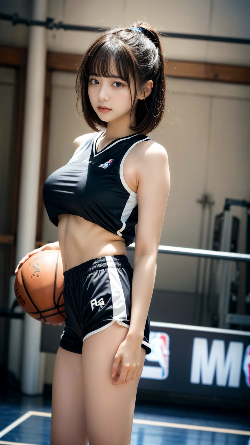 masterpiece, best quality, illustration, Super detailed, fine details, High resolution, 8K,wall paper, perfect dynamic composition,(Details High quality, realistic depiction of eyes:1.3), (highest quality), (High resolution), (very delicate and beautiful),(Beautiful 8K face), (NBA),(basketball sportswear, sporty short pants),(play basketball),(reality), large breasts, ((gymnasium)), very short hair, black hair color, Big Natural Color Lip, bold sexy pose, crying a little、Harajuku style、20 year old girl、cute type、lolita, hposing Gravure Idol, full body photo、focus on crotch、thighs exposed, (standing)