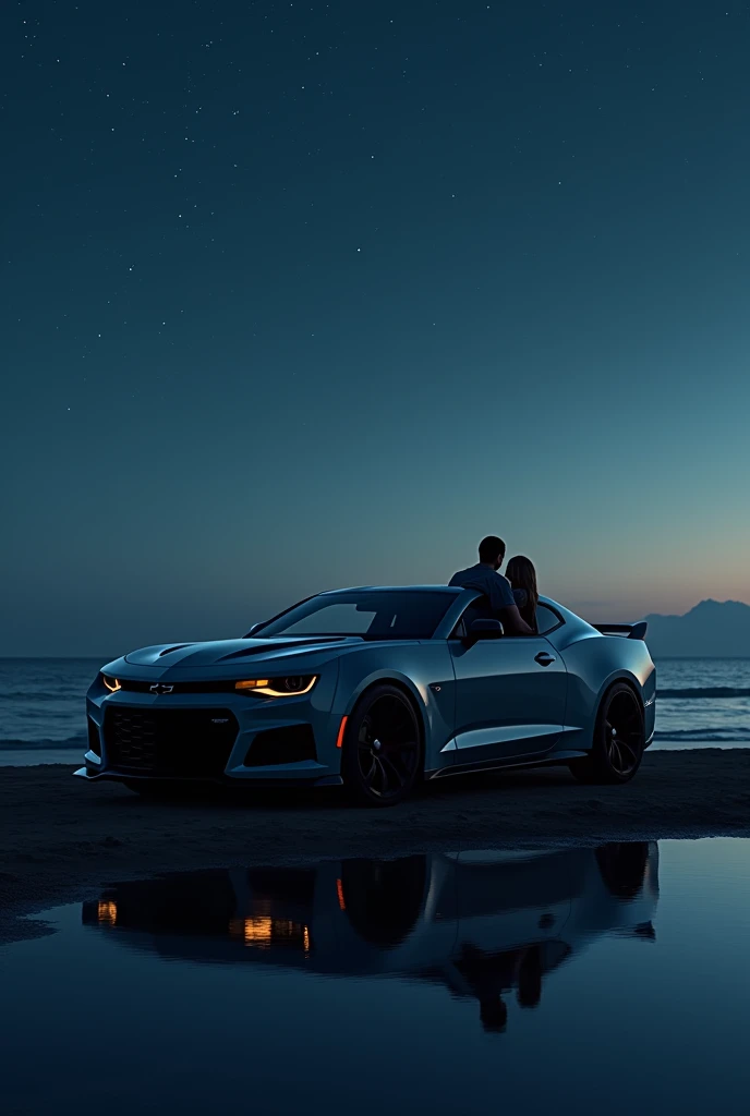 (photorealism:1.2), couple parking in camaro iroc Z watching the sea in the beach at night