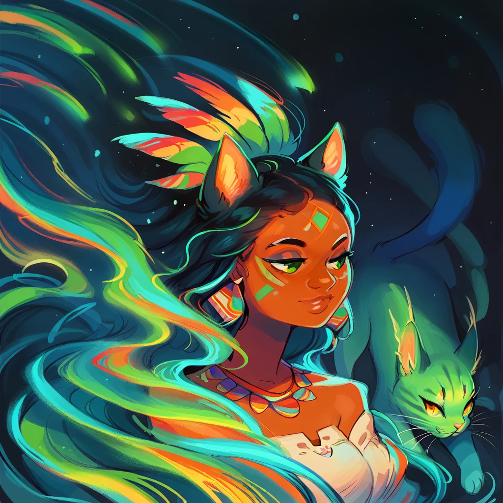 score_9, score_8_up, score_7_up, score_6_up, bg4, BG.A, cat girl, native american, darkness, beautiful, vibrant, groovy
