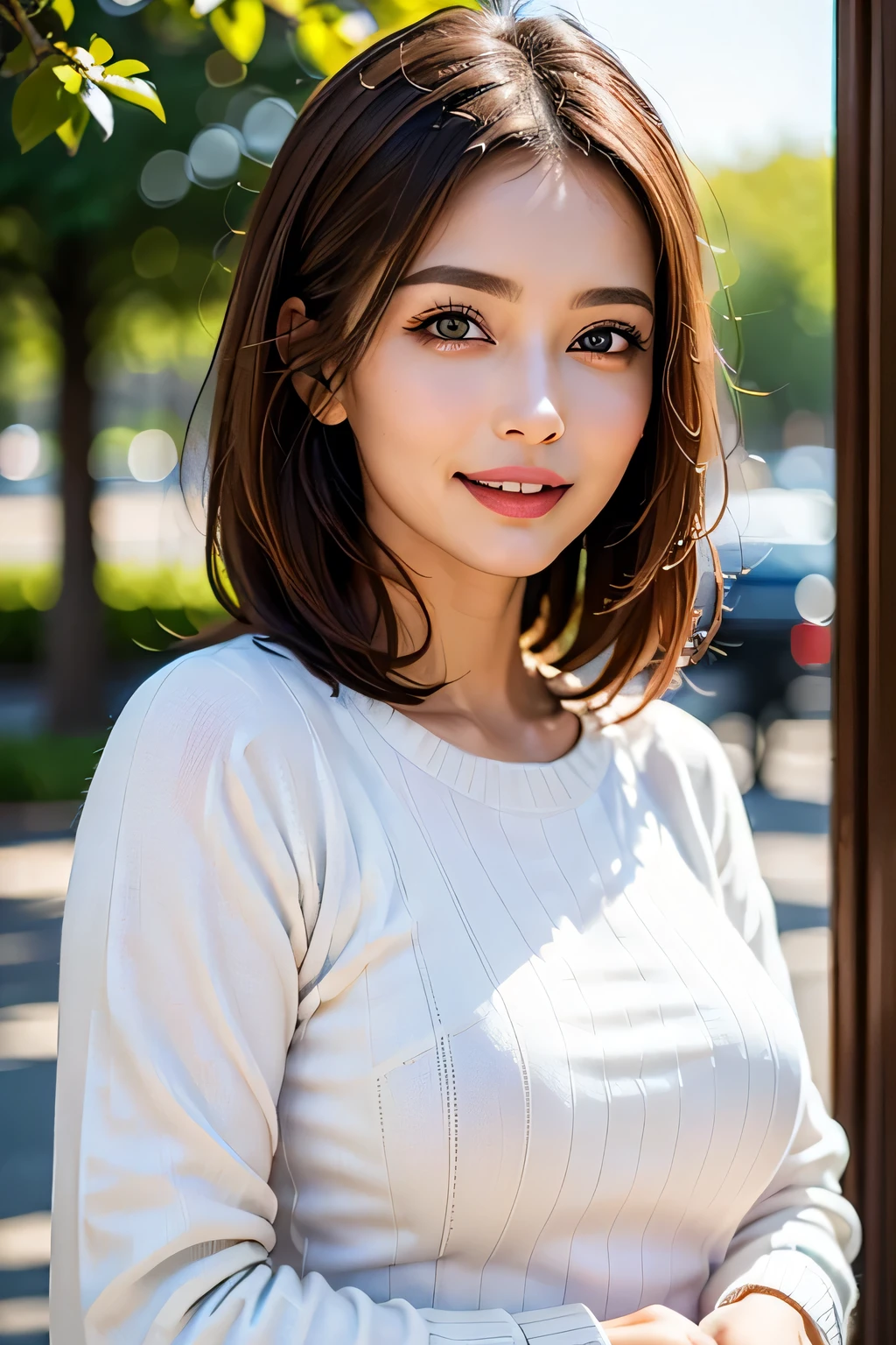 ((masterpiece)), ((Highest quality)), ((Complex)), ((Surreal)), (Realistic), (Mature Woman), ((There are no classes)), Very detailed, (1 female), Beautiful and exquisite, (Beautiful Teeth), Grin, Brunette bob hair, Brown eyes, ((Random color summer sweater)), (Upper Body), (background:none), Perfect Eyes, Captivating eyes, Looking at the audience