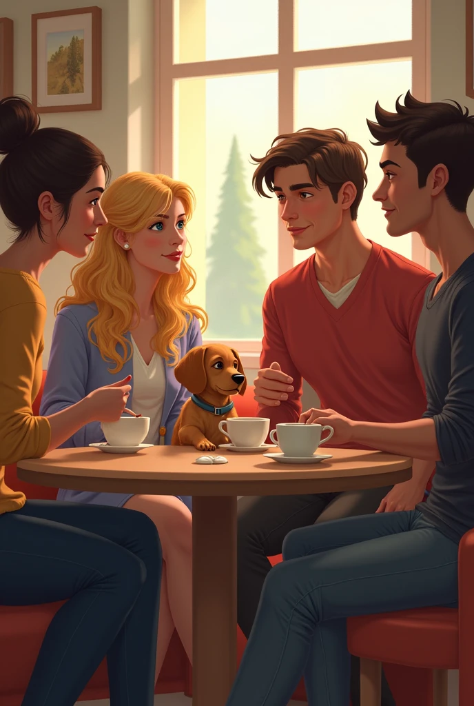 Generate an image where there is a group of people talking and drinking tea where there is a woman, A man (They), a young blonde, white, with blue eyes and slender, she had a sniffy dog on her legs and next to her a young man of Spanish appearance