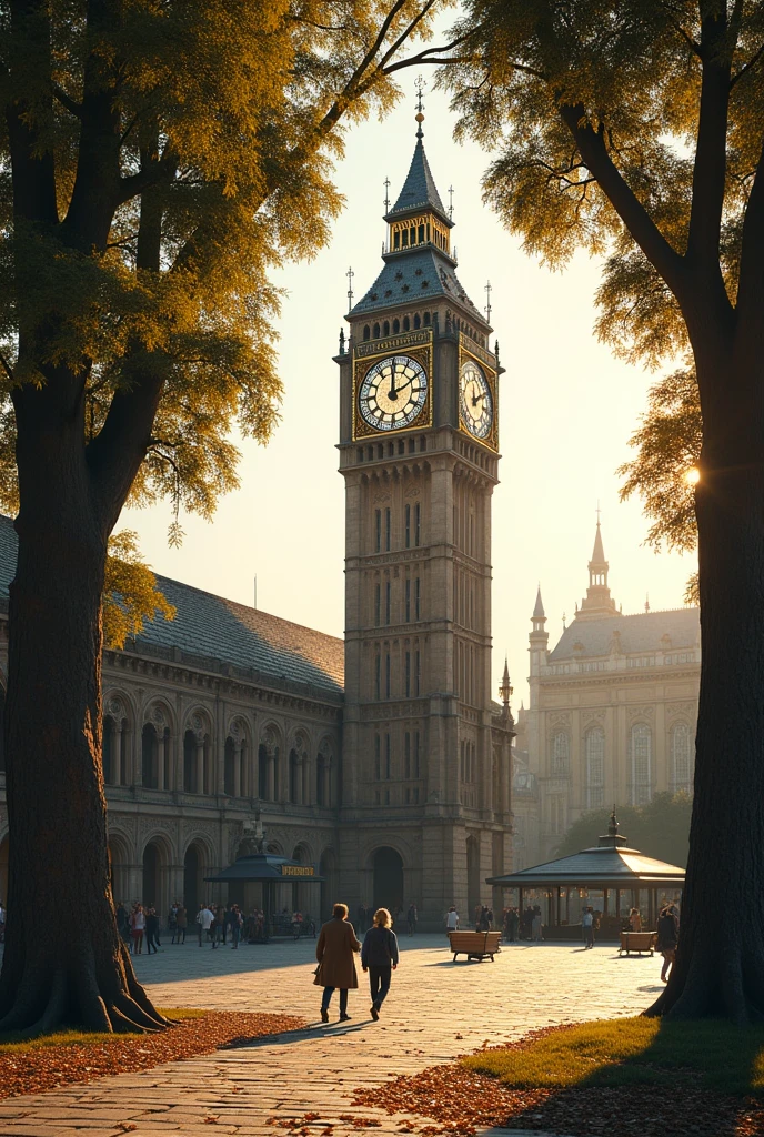 Imagine the scene of an ancient and peaceful square, with a giant clock in the center. This tower clock dominates the landscape, with a classic design and ornate bronze and gold details. The dial is large and well lit, with imposing hands that indicate the time precisely. The surrounding square is covered with stones and surrounded by ancient trees with leaves fluttering in the gentle wind.. Some people walk calmly, admiring the clock, as the soft late afternoon light bathes the scene in golden and orange hues.