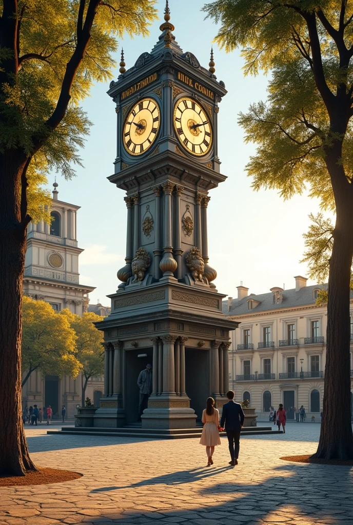 Imagine the scene of an ancient and peaceful square, with a giant clock in the center. This tower clock dominates the landscape, with a classic design and ornate bronze and gold details. The dial is large and well lit, with imposing hands that indicate the time precisely. The surrounding square is covered with stones and surrounded by ancient trees with leaves fluttering in the gentle wind.. Some people walk calmly, admiring the clock, as the soft late afternoon light bathes the scene in golden and orange hues.