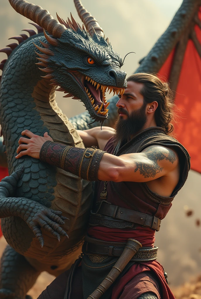 A warrior (man)being fucked by a dragon god 
