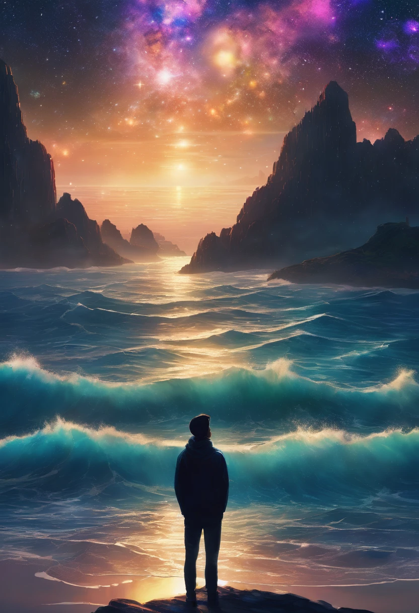 A digital artwork depicting a beautiful ocean with contemplative expressions. gazing out at the shining galaxy.