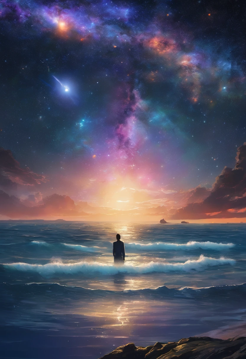 A digital artwork depicting a beautiful ocean with contemplative expressions. gazing out at the shining galaxy.