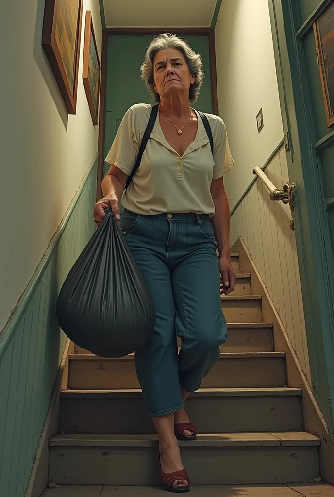 Woman walking down stairs with trash in her hand 
