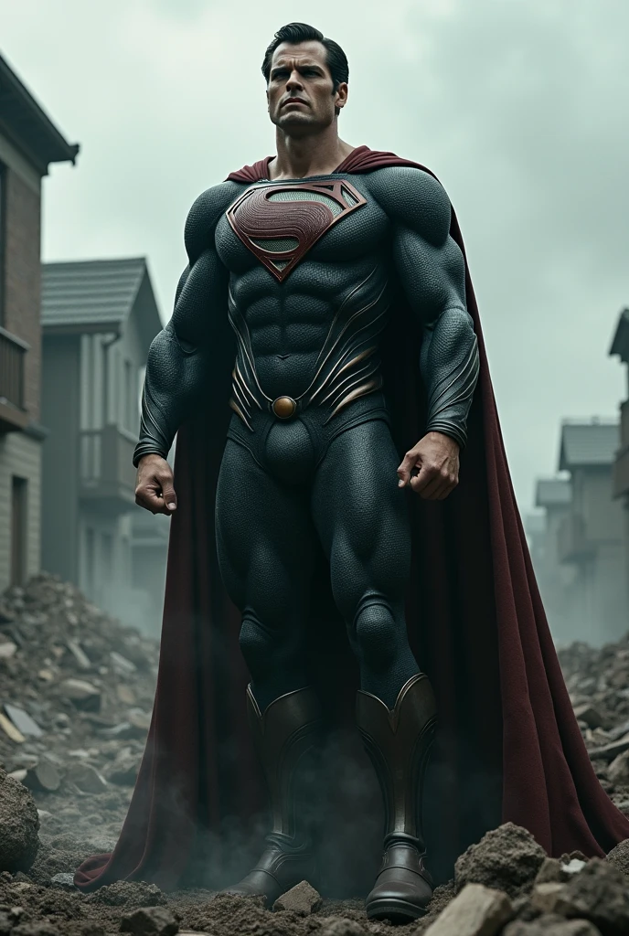 Dark superman on a background of destroyed houses