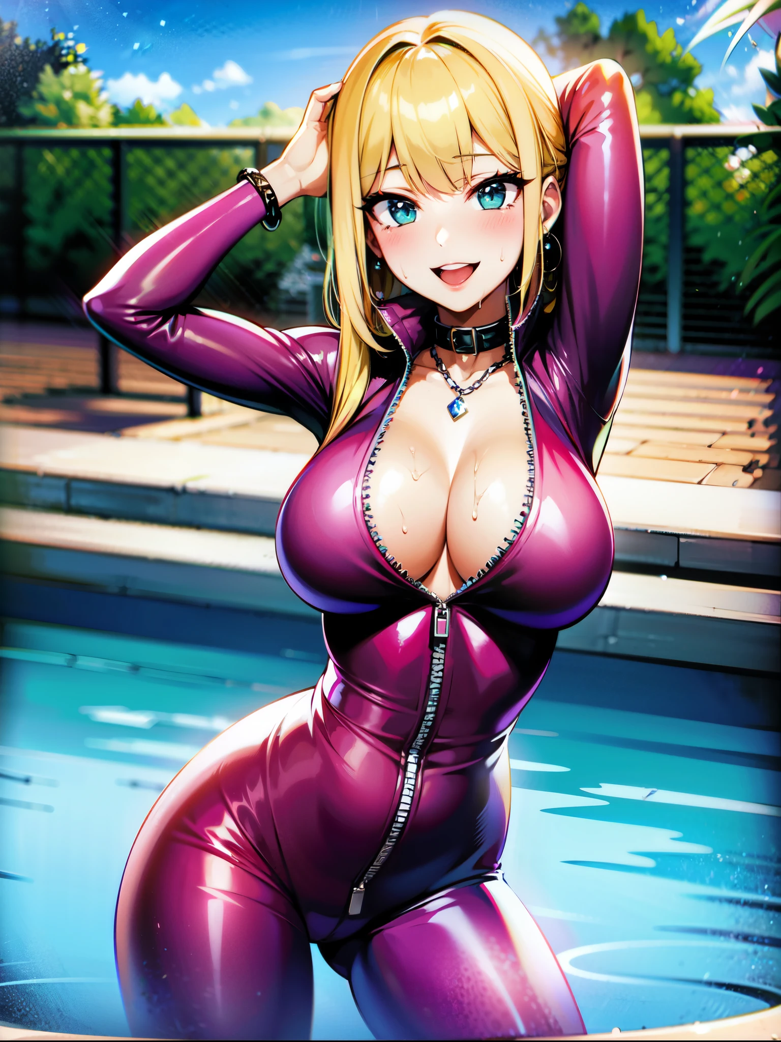 （（super high quality,Ultra-high resolution,4K,8k,super masterpiece,Ultra HD））,Poolside in sunny weather,One Girl,（（Light pink glossy sweat suit,（big襟,Open collar,Tight collar）,Zipper opening from under the chin to under the navel,Fine zipper）,Cleavage,sexly,big）,Blonde side tail,Wink,smile,Sweaty,Put your hands on your head,Pearl Earrings,Chain Necklace,