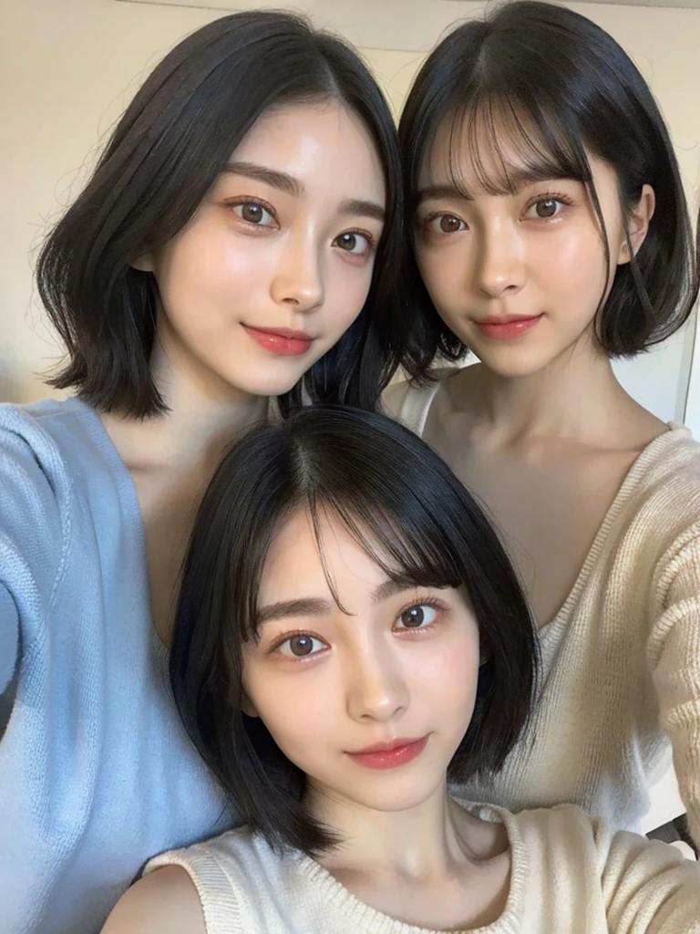 (masterpiece:1.3), (8k, Photoreal, Raw photo, best image quality: 1.4), Japanese high school girl、(random hairstyle:1.2)、cleavage:1.5、super detail face、eye for details、double eyelid、chest to chest、sharp focus:1.2、Beautiful woman:1.4、light brown hair、highest quality、masterpiece、超A high resolution、(Photoreal:1.4)、Highly detailed and professionally lit smiles、loose and light knitwear、shoulder out、thin、serious expression、short haired、deadly position
similar identical twins
All the girls have the exact same face, The two have the same face and figure, as if they were mirror images.