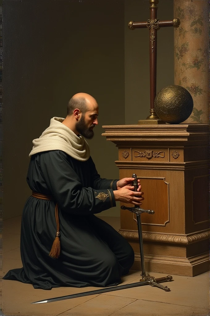 paint a picture showcasing st Ignatius of loyola kneeling as he about to place the sword on an altar. and at his back is his past experience being a soldier who was injured by a canon ball