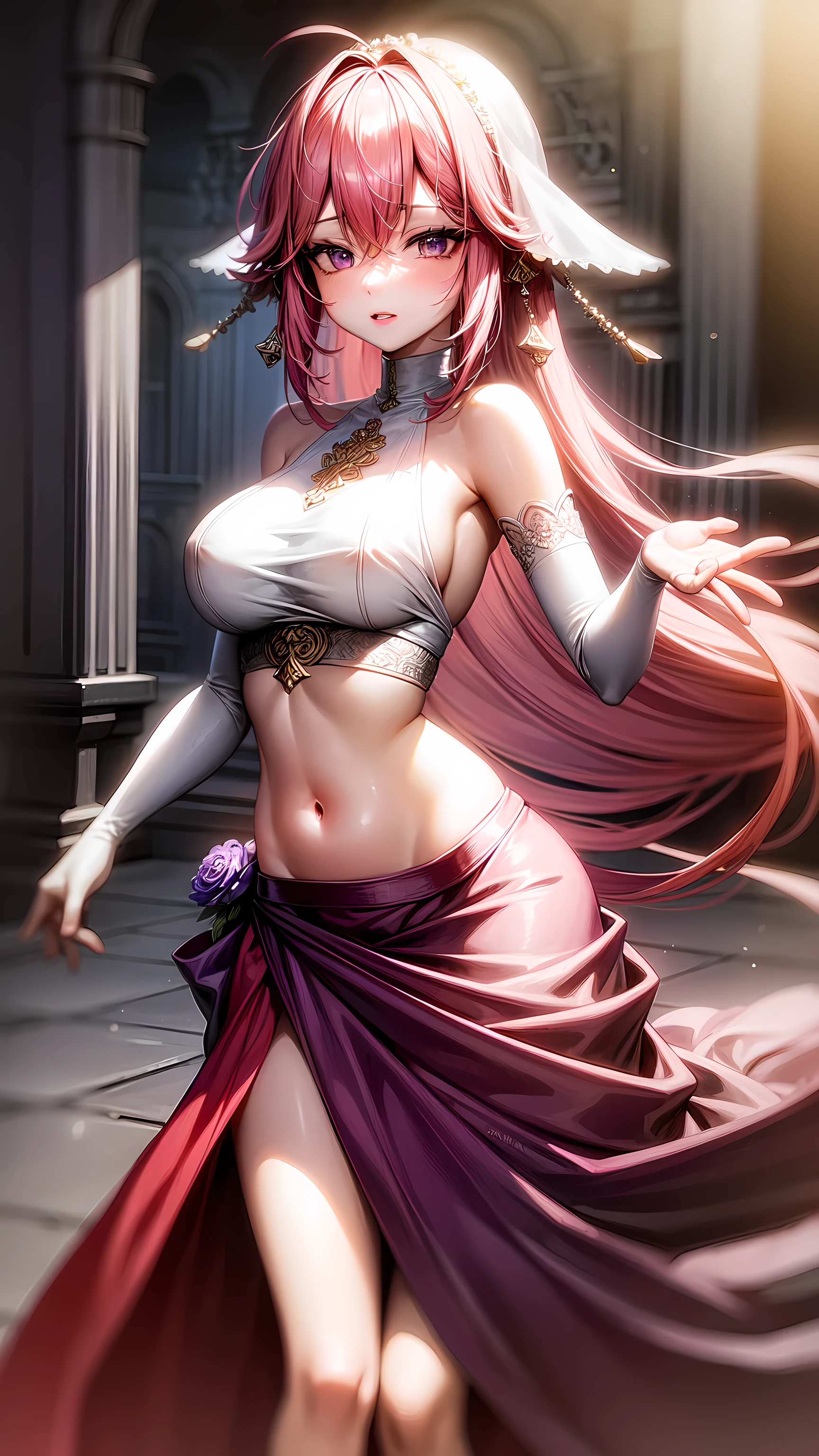 purple eyes,Wedding dress,long skirt,crop top,pink hair