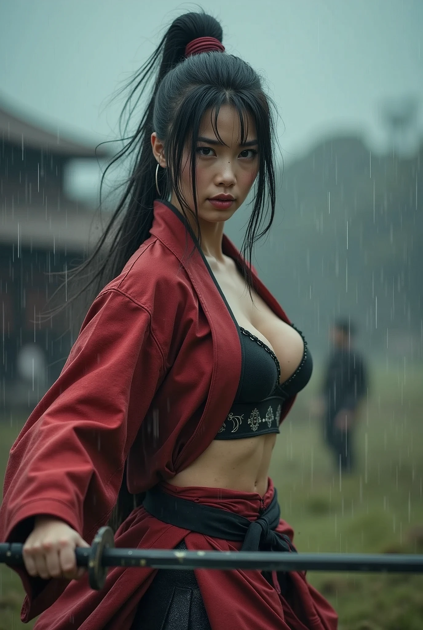 beautiful japanese woman with small breasts in revealing short samurai costume, fighting pose, confident look, battlefield, strong wind, heavy rain, thunderstorm