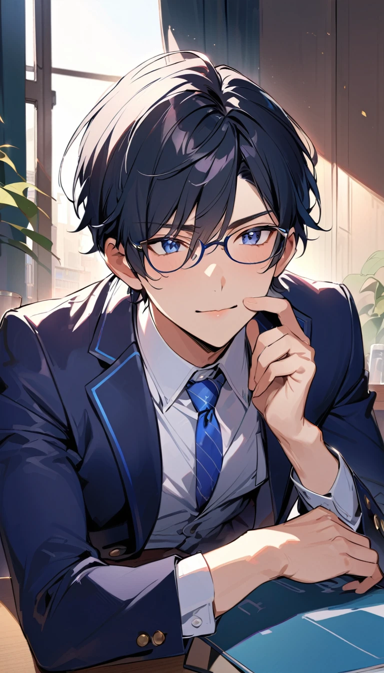 best quality ,18 years old, a handsome boy, Black Hair, Short Hair,Glasses, blazer,Blue tie, high school student