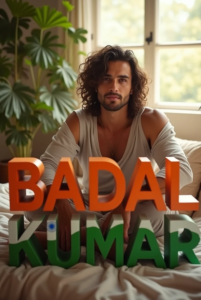 (photorealism:1.2), beautiful man, siting on her 3D name,3D name is 'BADAL KUMAR' in big size and full image of 3D name and its colour like a Indian flag, wearing loose off-shoulder top, pajama pants, long curly hair, indoors, soft lighting, plants in background, window with sunlight, cozy room, relaxed pose, realistic, intricate details, warm colors, by Greg Rutkowski, by Alphonse Mucha