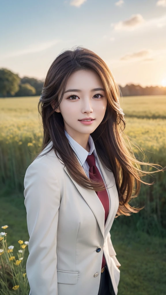 highest quality、genuine、Super detailed、finely、High resolution、8k wallpaper、one beautiful woman、、、light brown disheveled hair、wearing a business suit、sharp focus、perfect dynamic composition、beautiful and detailed eyes、thin hair、Detailed genuine skin texture、smile、model body shape、In a windswept meadow