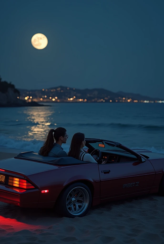 (photorealism:1.2), couple parking in a 87' camaro iroc Z watching the sea in the beach at night