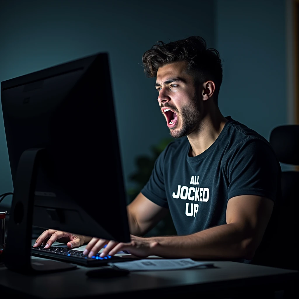 Big muscles. Sweating. Male college student wearing a shirt that says ALL JOCKED UP sits in front of a monitor in a dark computer lab at night. Staring vapidly with a blank expression at the glowing screen with his mouth hanging open under deep hypnosis. Repeating mantras to meet their goal to be big dumb muscular sweaty bodybuilder bros. Big biceps. Big triceps. Big traps. Broad shoulders. Broad chests. IQ drain. Digital painting. "Stare ... listen ... blank ... obey.... Bigger... Dumber.... Bigger and bigger. Dumber and dumber.... Just a big ... dumb ... jock. Huhuh.... Uhhhhhh.... How's it hangin', bro? Yes, Coach.... Watch the spiral... FLEX... Think too much.... Jocks don't think.... It's good to be a JOCK.... Good not to think.... I will not think.... I obey.... Stare. Obey. FLEX. Don't think. Just be a meatheaded dumb jock. Huhuh.... Brooooo...." in a deep voice. Photo manipulation.