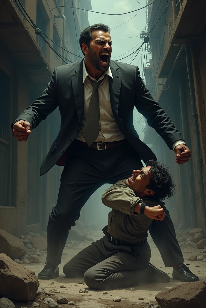 A rich indian man assaulting the poor man.
