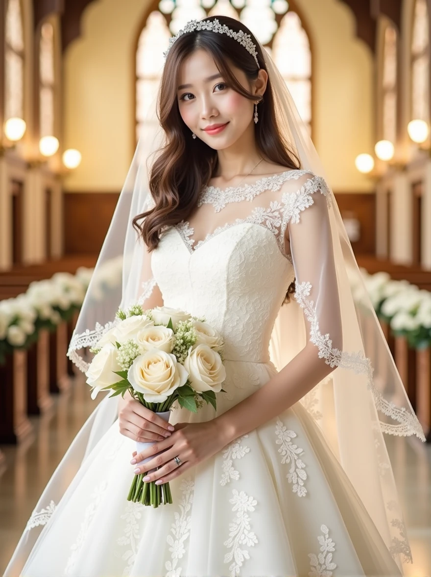 Photo-realistic quality、a woman in a Wedding dress holding a bouquet of flowers、Standing in front of the church、20 year old Japanese model、白のWedding dress,Hanae Mori style wedding dress、Japan idols at 20 years old、lace prom dresses、looking at the camera、Detailed and beautiful eyes、Cute smile、Relaxed and gentle expression、a close up of a woman in a Wedding dress holding a bouquet, Wedding dress, So magical and dreamy、Blur the background a lot、300mm F2.Shot with 8 lenses