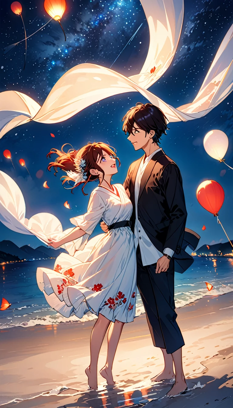 (Highest quality、Very detailed、Real:1.37)、humor、Seaside、night、Starry Sky、Manga style、Desaturate、Girls and boys、Fun couple、Laughter、Floating Love、