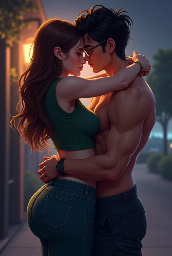 Brown haired girl, big boobies,
green and short blouse , big ass in pants hugging a boy with glasses and black hair, at night